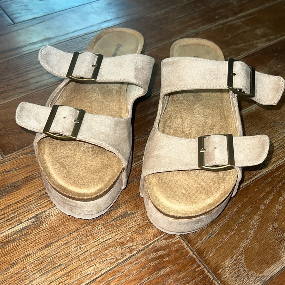 Outwoods Beige Suede Double-Buckle Slide Sandals